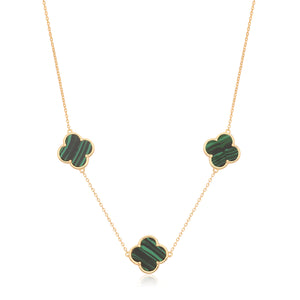 Vintage Prague Malachite Clover Necklace - Gold Plated Silver