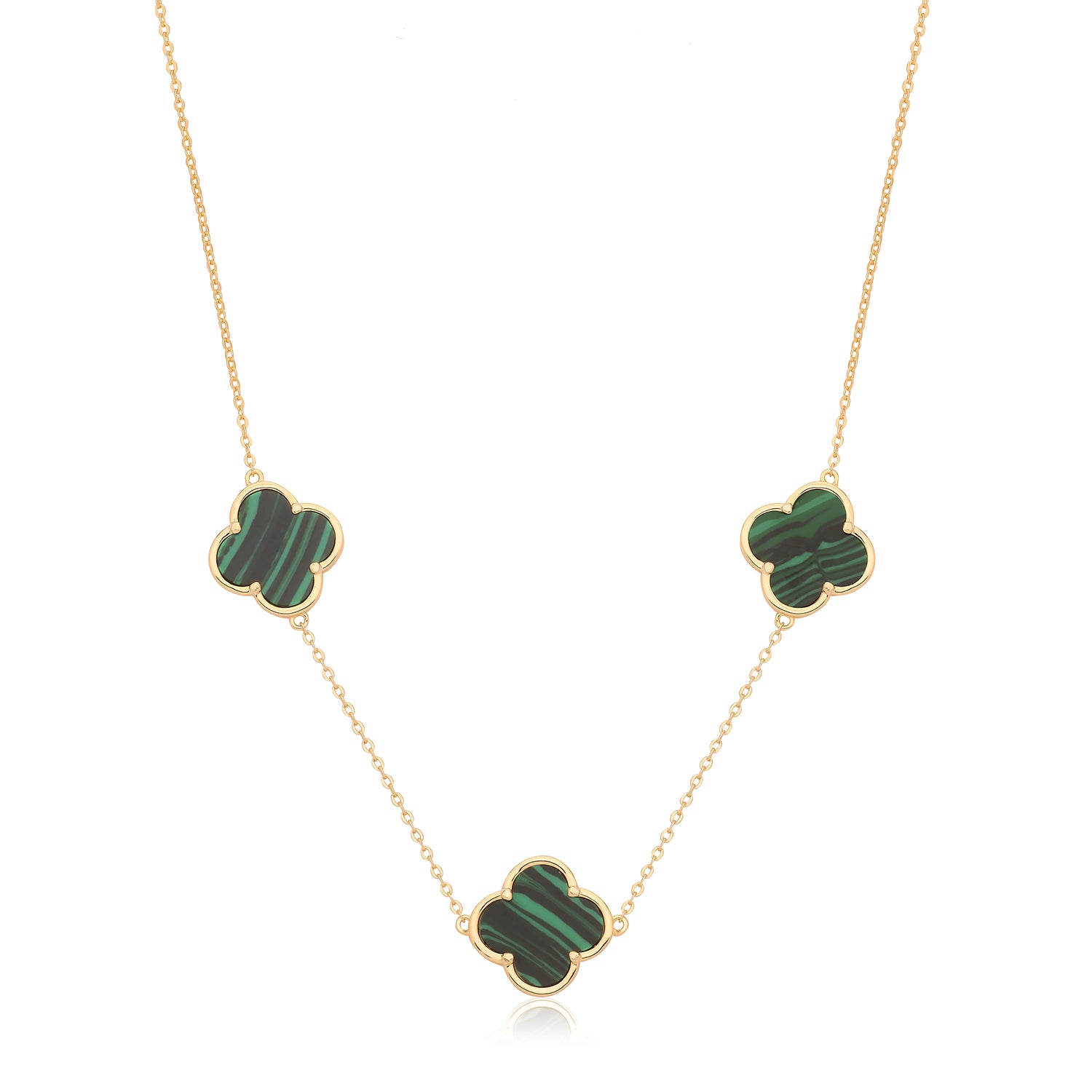 Vintage Prague Malachite Clover Necklace - Yellow Gold Plated Silver