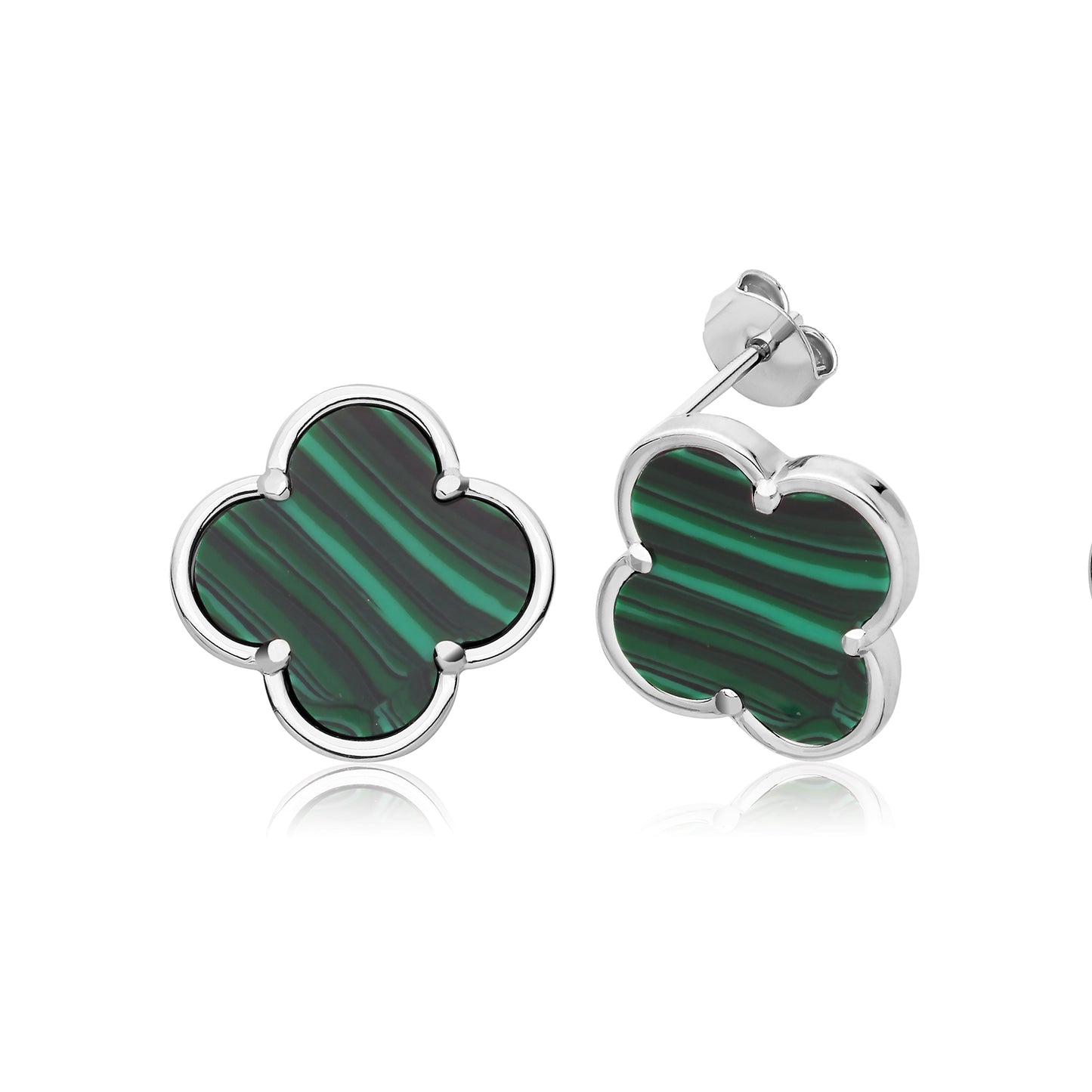 Vintage Prague Malachite Stud Earrings - Rhodium Plated Silver