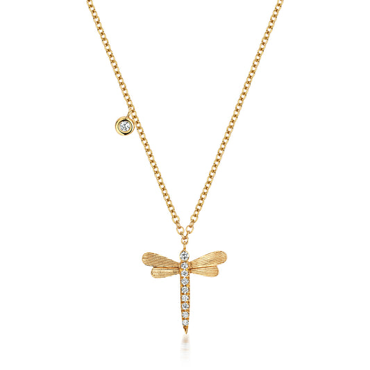 Dragon Fly Diamond Necklace - 18k Yellow Gold