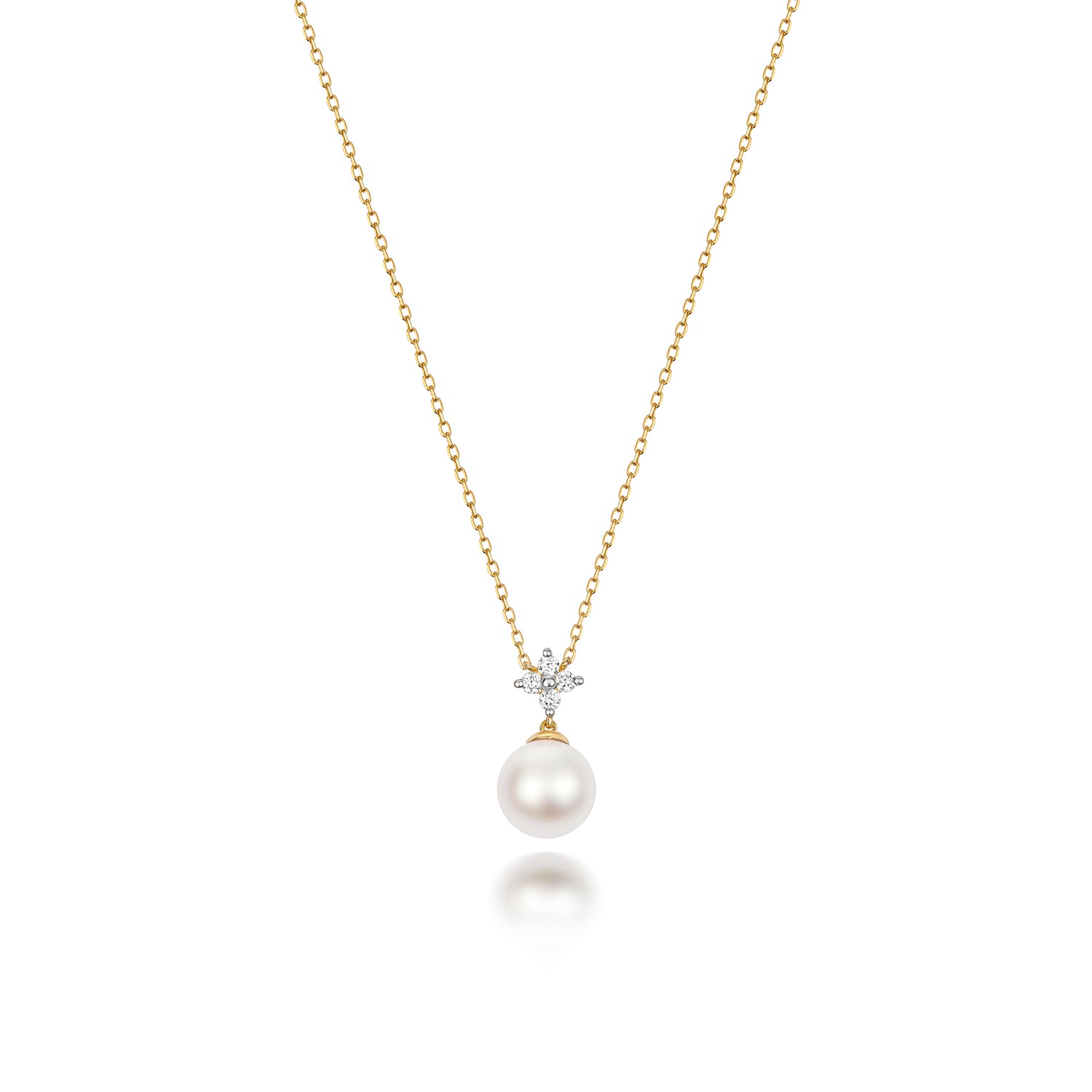 Akoya Single 7mm Pearl and Diamond Necklace - 18k Yellow Gold