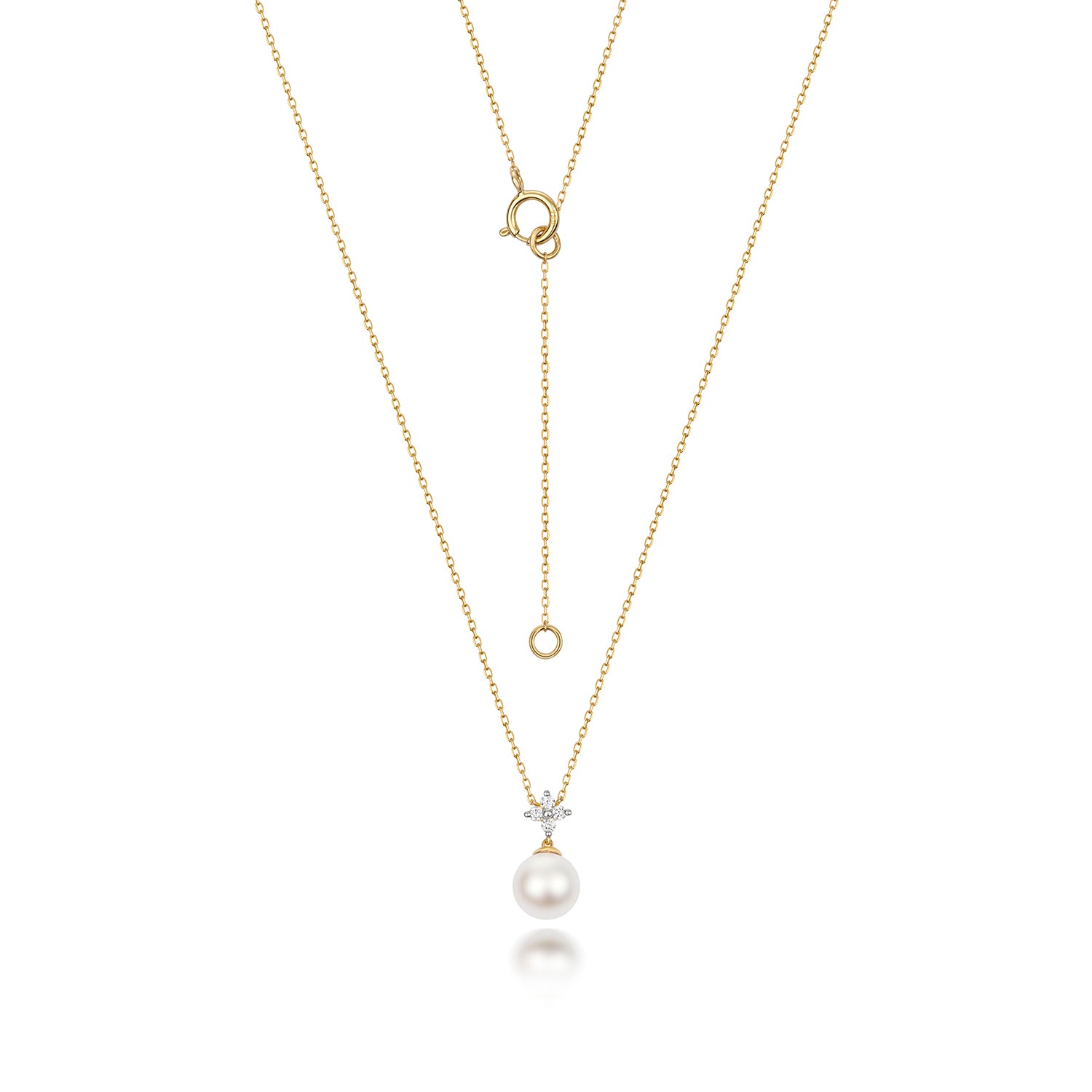 Akoya Single 7mm Pearl and Diamond Necklace - 18k Yellow Gold