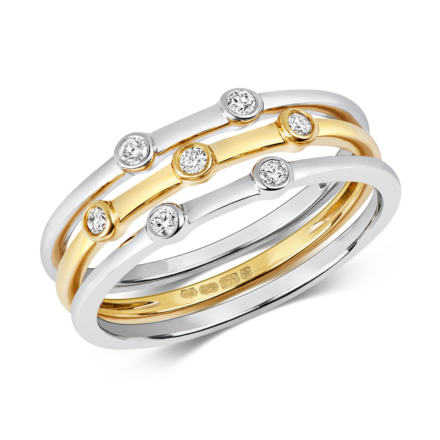 Poly Set of 3 Diamond Stacker Rings - 9k Yellow & White Gold