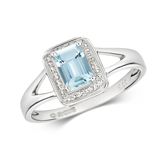 Elise Emerald Aquamarine and Diamond Ring - 9k White Gold