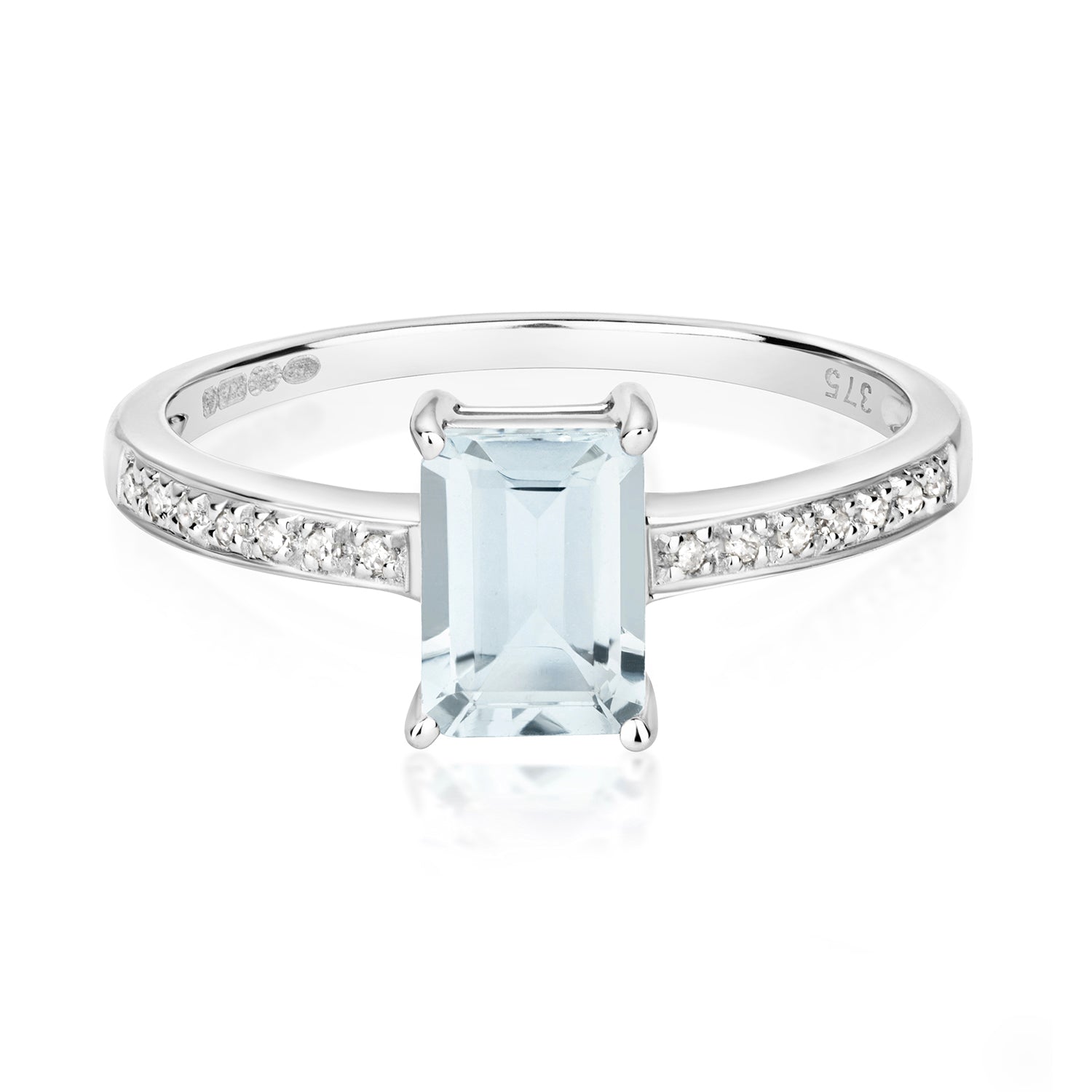 Emerald Cut Aquamarine and Diamond Ring - 9k White Gold, 0.90ct