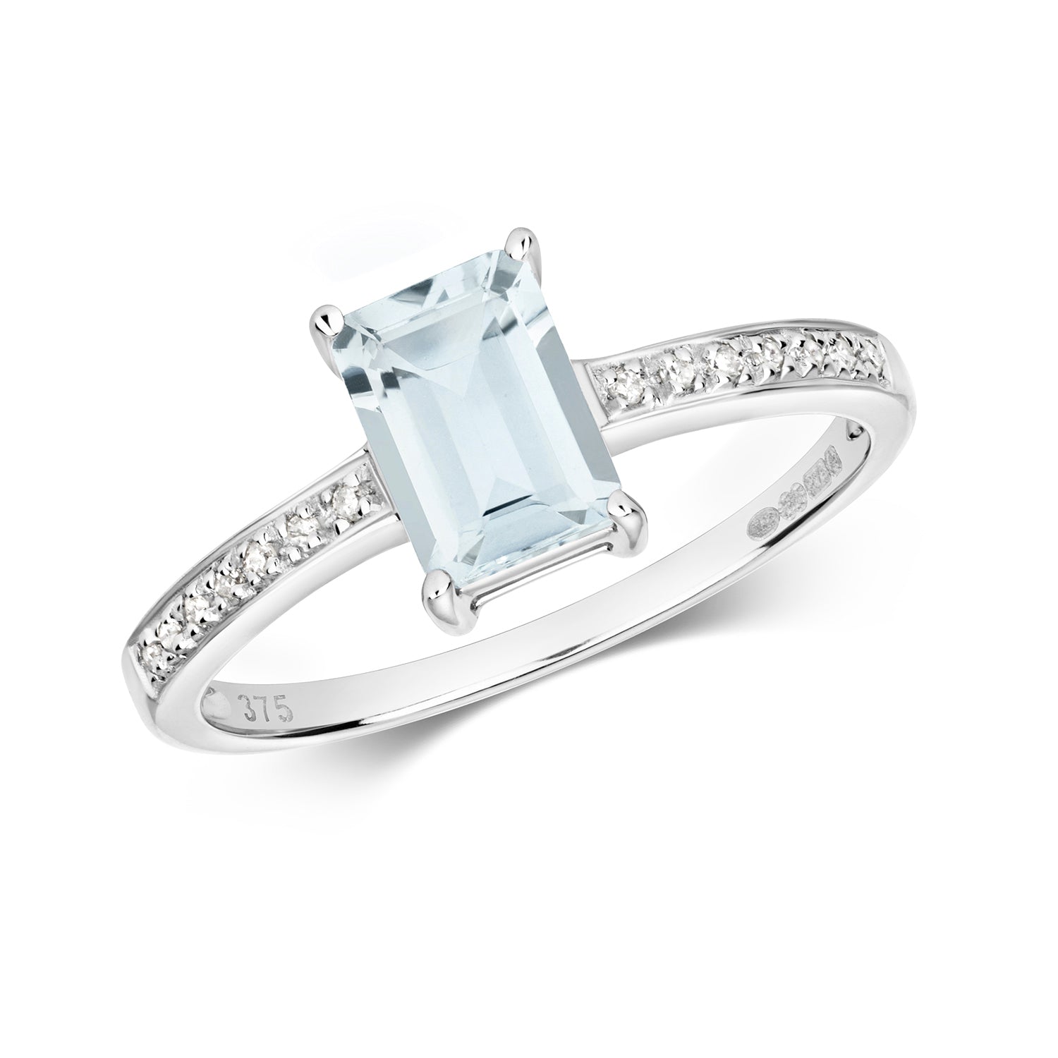 Emerald Cut Aquamarine and Diamond Ring - 9k White Gold, 0.90ct