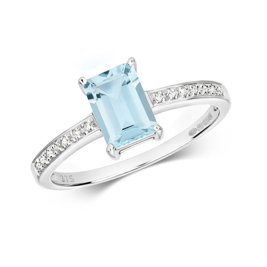 Emerald Cut Aquamarine and Diamond Ring - 9k White Gold, 0.90ct