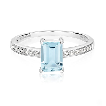 Emerald Cut Aquamarine and Diamond Ring - 9k White Gold, 0.90ct