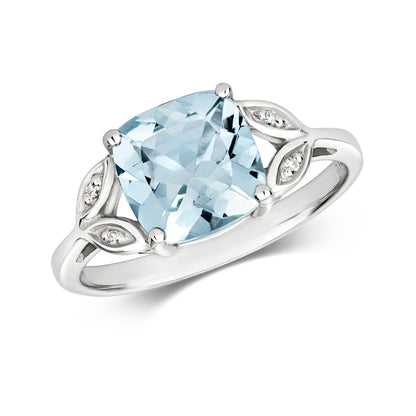 Sui Cushion Cut Aquamarine and Diamond Ring - 9k White Gold