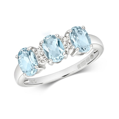 Trio Aquamarine and Diamond Ring - 9k White Gold