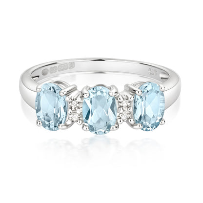 Trio Aquamarine and Diamond Ring - 9k White Gold