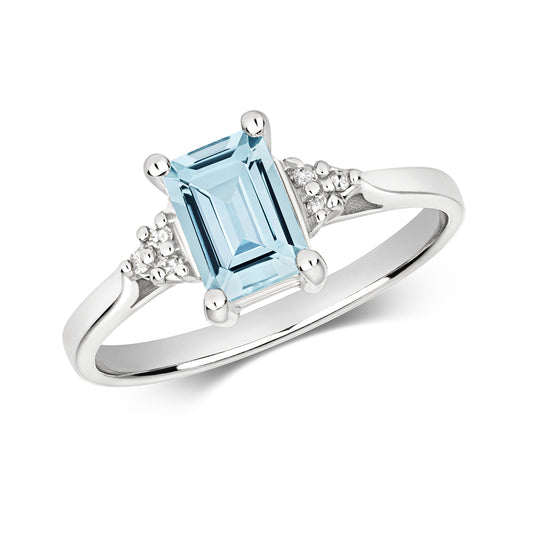 Sara Emerald Cut Aquamarine and Diamond Ring - 9k White Gold