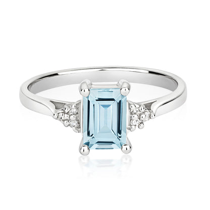 Sara Emerald Cut Aquamarine and Diamond Ring - 9k White Gold