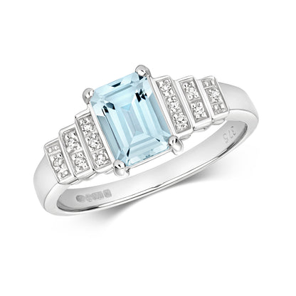 Alexa Emerald Cut Aquamarine and Diamond Ring - 9k White Gold