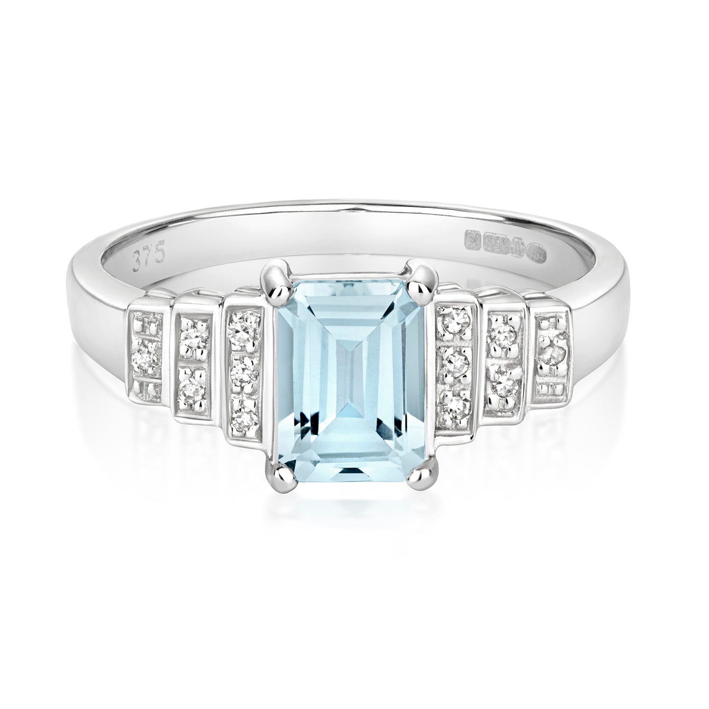 Alexa Emerald Cut Aquamarine and Diamond Ring - 9k White Gold