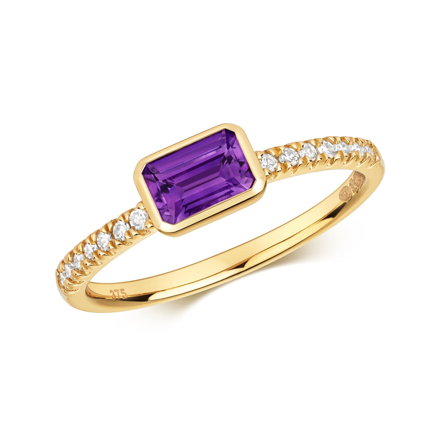 East to West Amethyst and Diamond Ring - 9k Yellow Gold