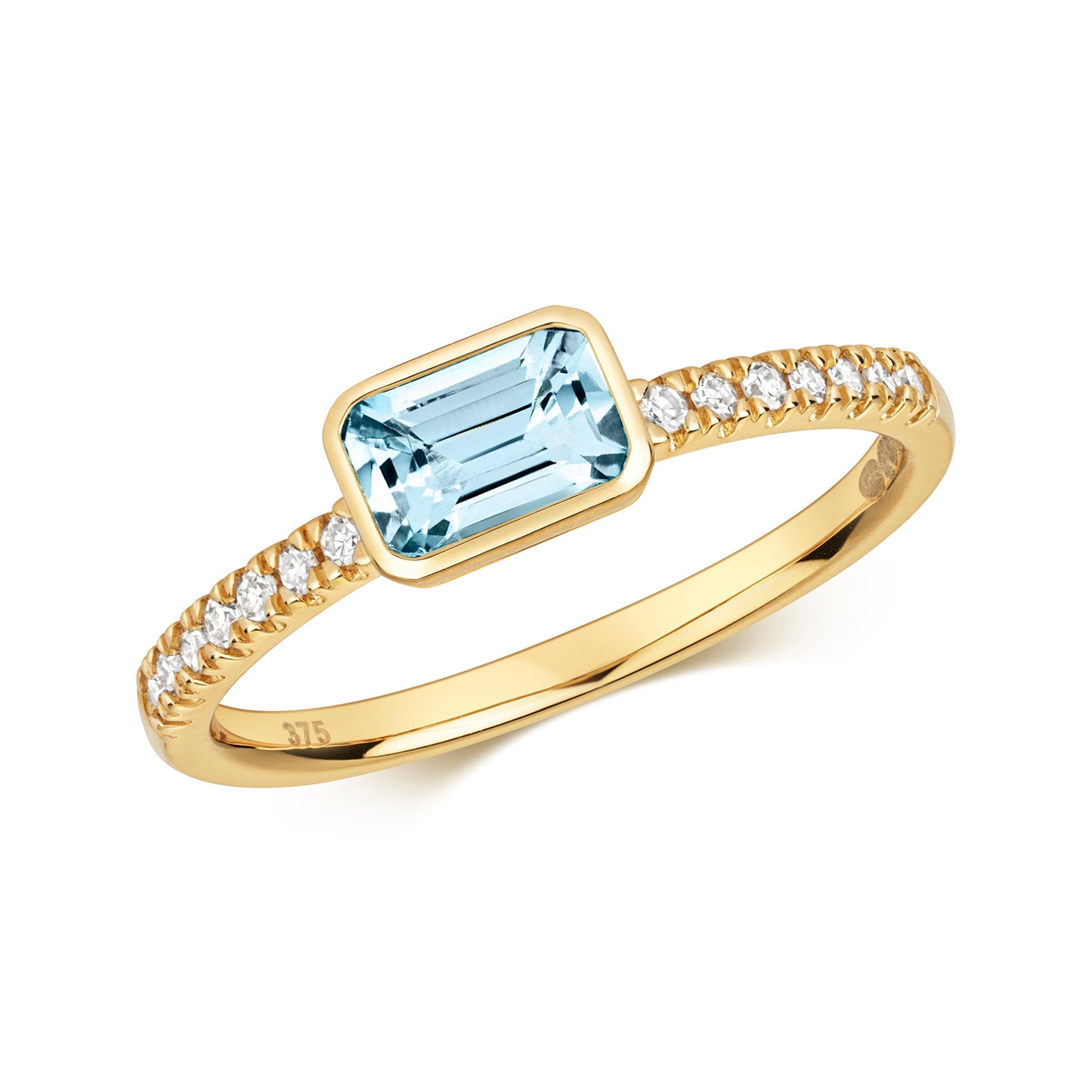 East to West Aquamarine and Diamond Ring - 9k Yellow Gold