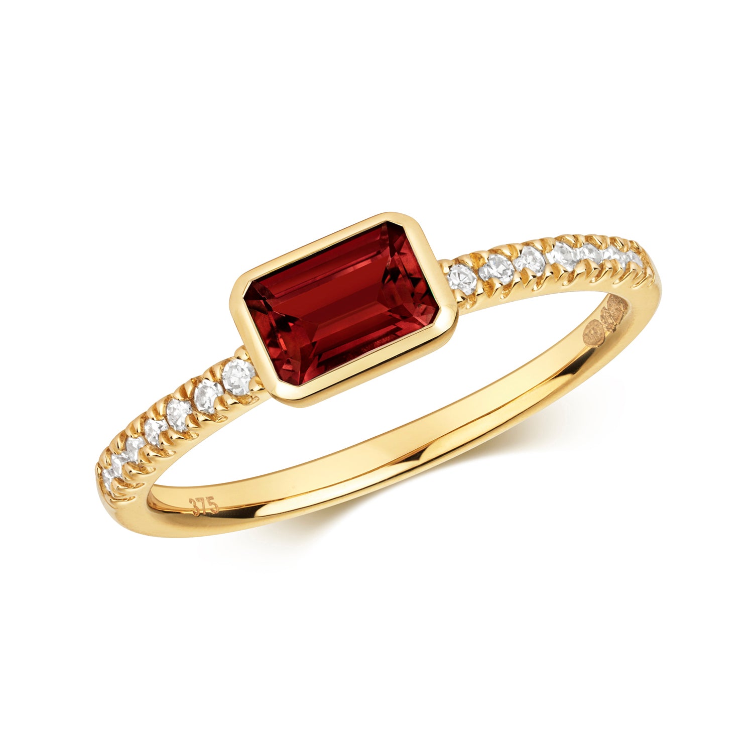 East to West Garnet and Diamond Ring - 9k Yellow Gold