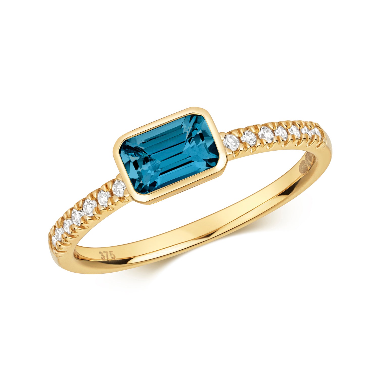 East to West London Blue Topaz and Diamond Ring - 9k Yellow Gold