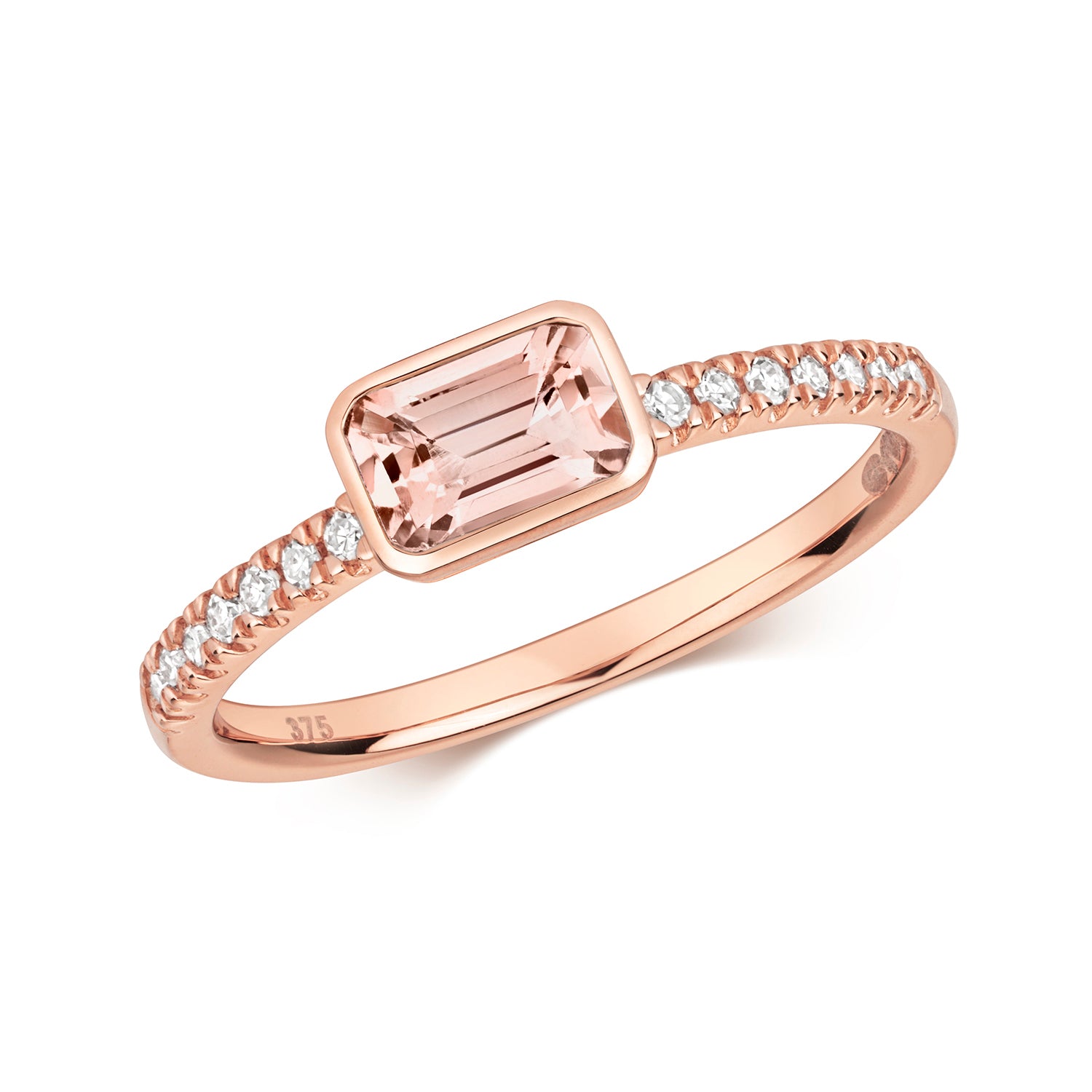 East to West Morganite and Diamond Ring - 9k Rose Gold
