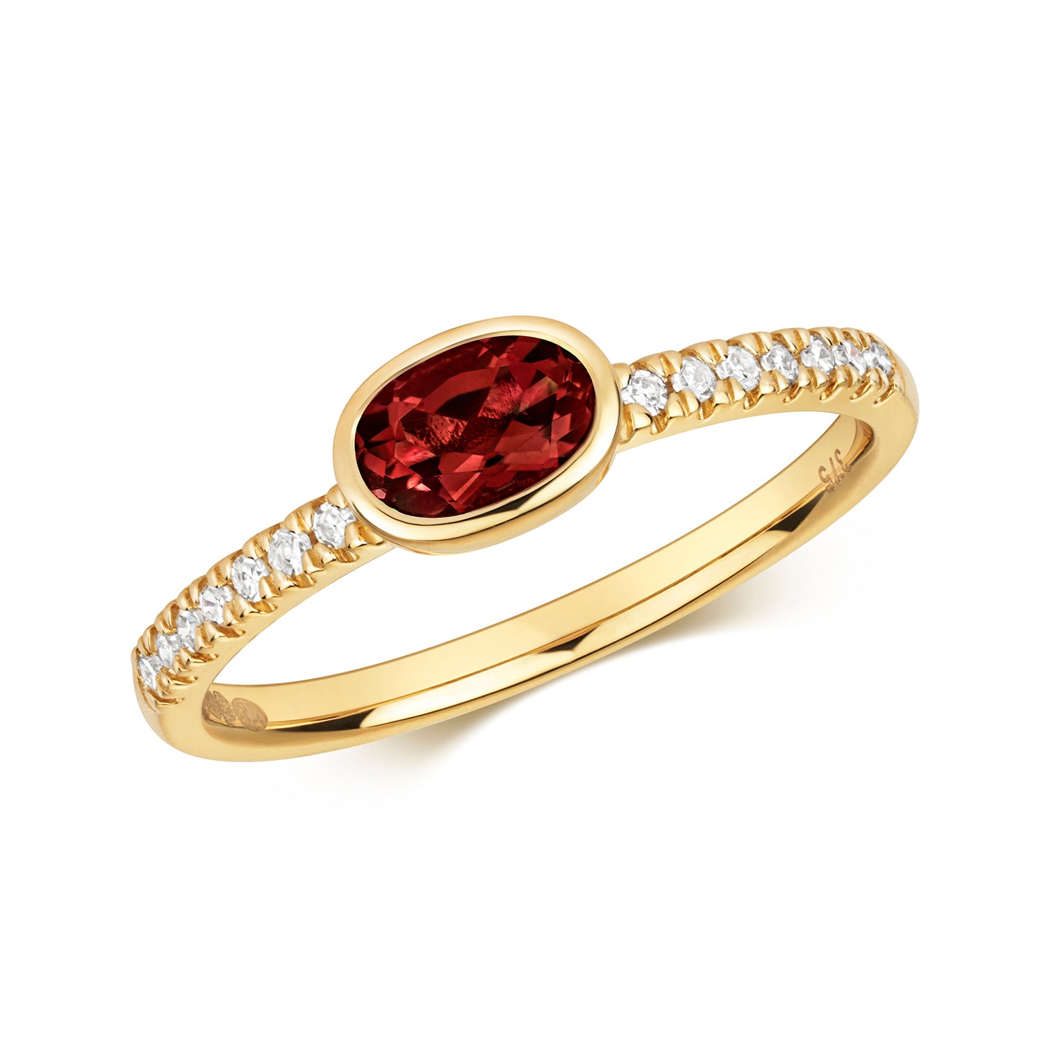 East to West Oval Garnet and Diamond Ring - 9k Yellow Gold
