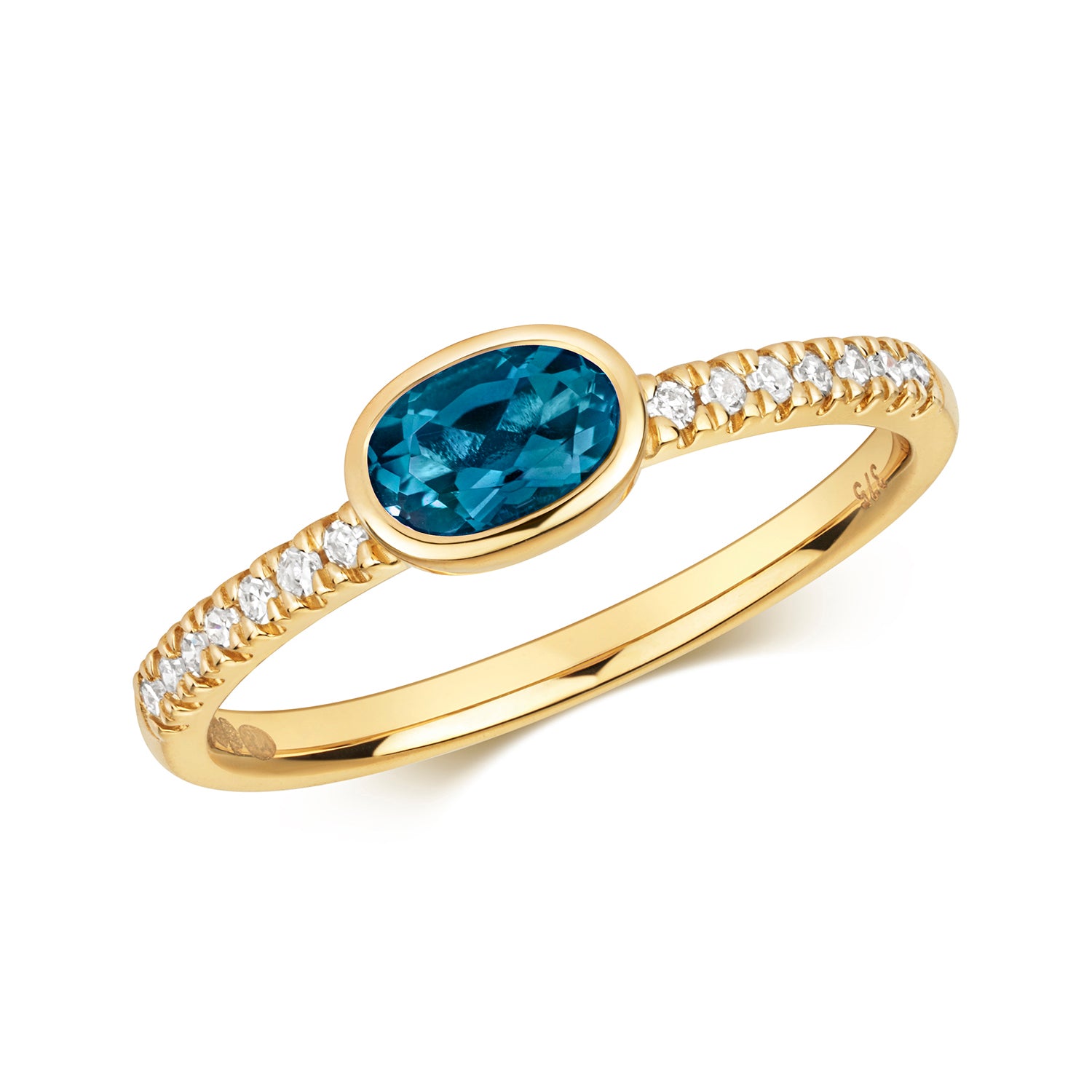 East to West Oval London Blue Topaz and Diamond Ring - 9k Yellow Gold