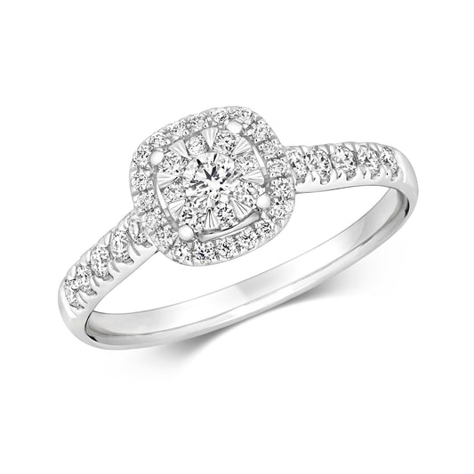 Brilliant Cushion Halo Diamond Ring - 18k White Gold, 0.46ct