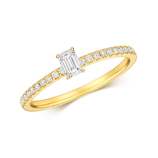 Emari Emerald Cut Diamond Solitaire Ring - Pavé 18k Yellow Gold