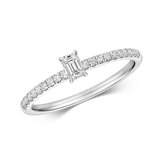 Emari Emerald Cut Diamond Solitaire Ring - Pavé 18k White Gold