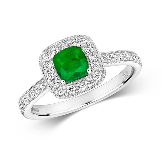 Pisa Cushion Emerald and Diamond Ring - 18k White Gold, 0.92ct