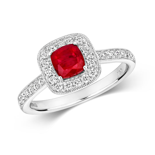 Pisa Cushion Ruby and Diamond Ring - 18k White Gold, 1.14ct