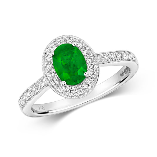 Pisa Oval Emerald and Diamond Ring - 18k White Gold, 1.03ct