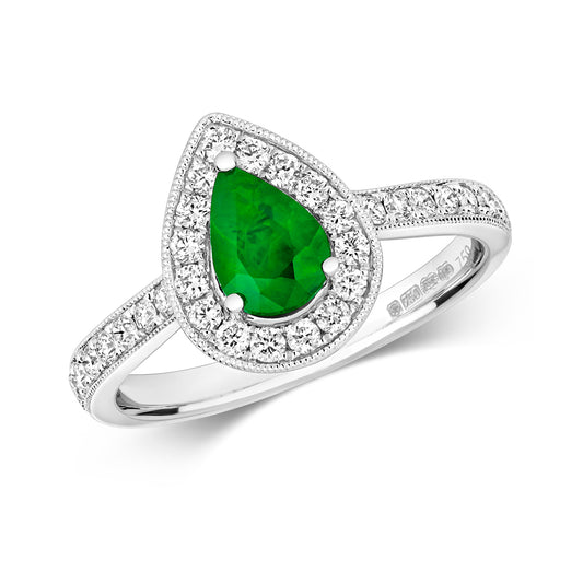 Pisa, Pear-Cut Emerald and Diamond Ring - 18k White Gold, 1.03ct