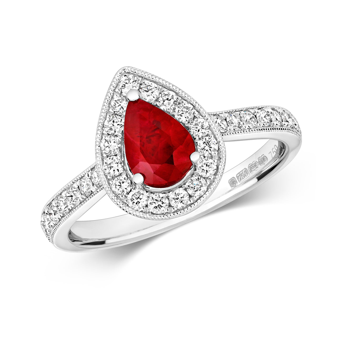 Pisa, Pear-Cut Ruby and Diamond Ring - 18k White Gold, 1.13ct