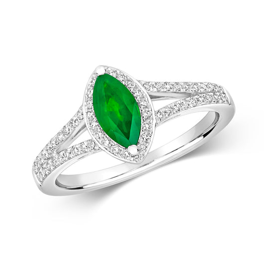 Pisa Marquise Emerald and Diamond Ring - 18k White Gold, 0.76ct