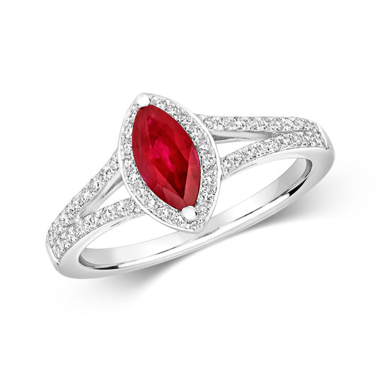 Pisa Marquise Ruby and Diamond Ring - 18k White Gold, 1.02ct