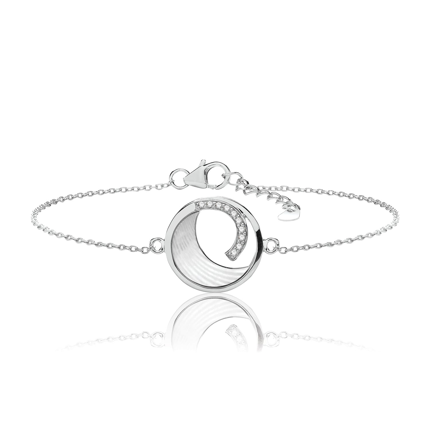Mother of Pearl & Cubic Zirconia Wave Bracelet - Rhodium Plated Silver