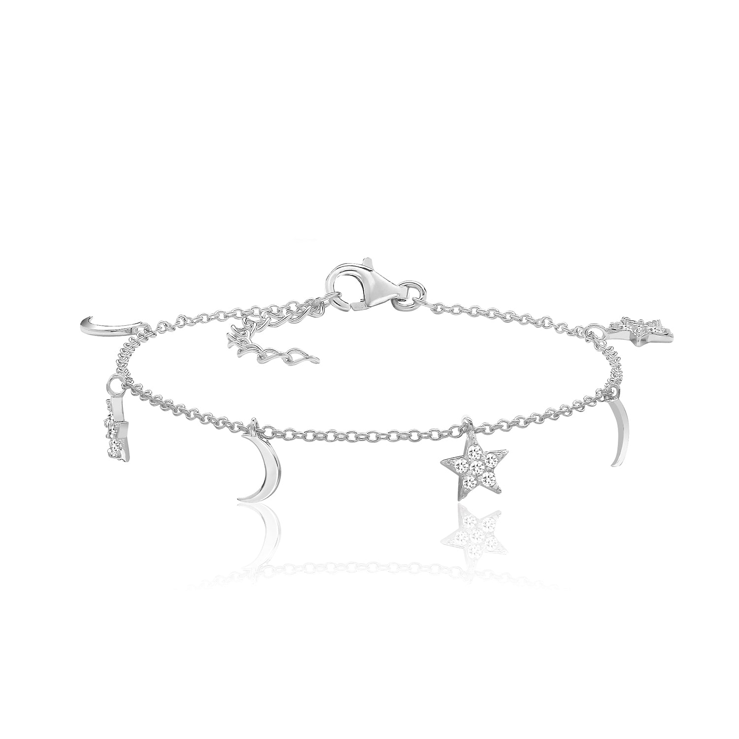 Star & Moon Cubic Zirconia Charm Bracelet - Rhodium Plated Silver