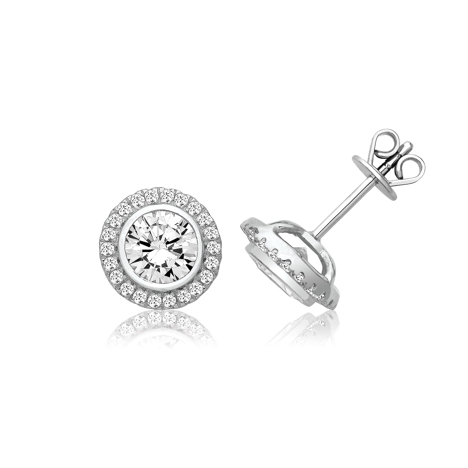 Bezel Set Halo Round Cubic Zirconia Stud Earrings - Rhodium Plated Silver