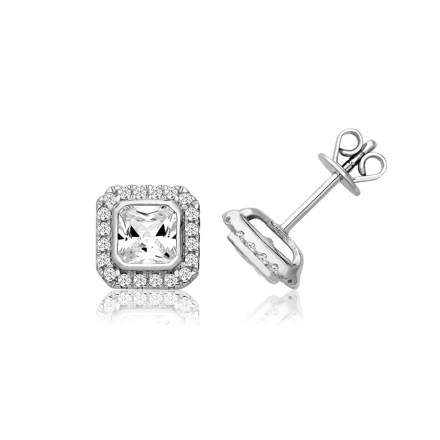Bezel Set Halo Square Cubic Zirconia Stud Earrings - Rhodium Plated Silver