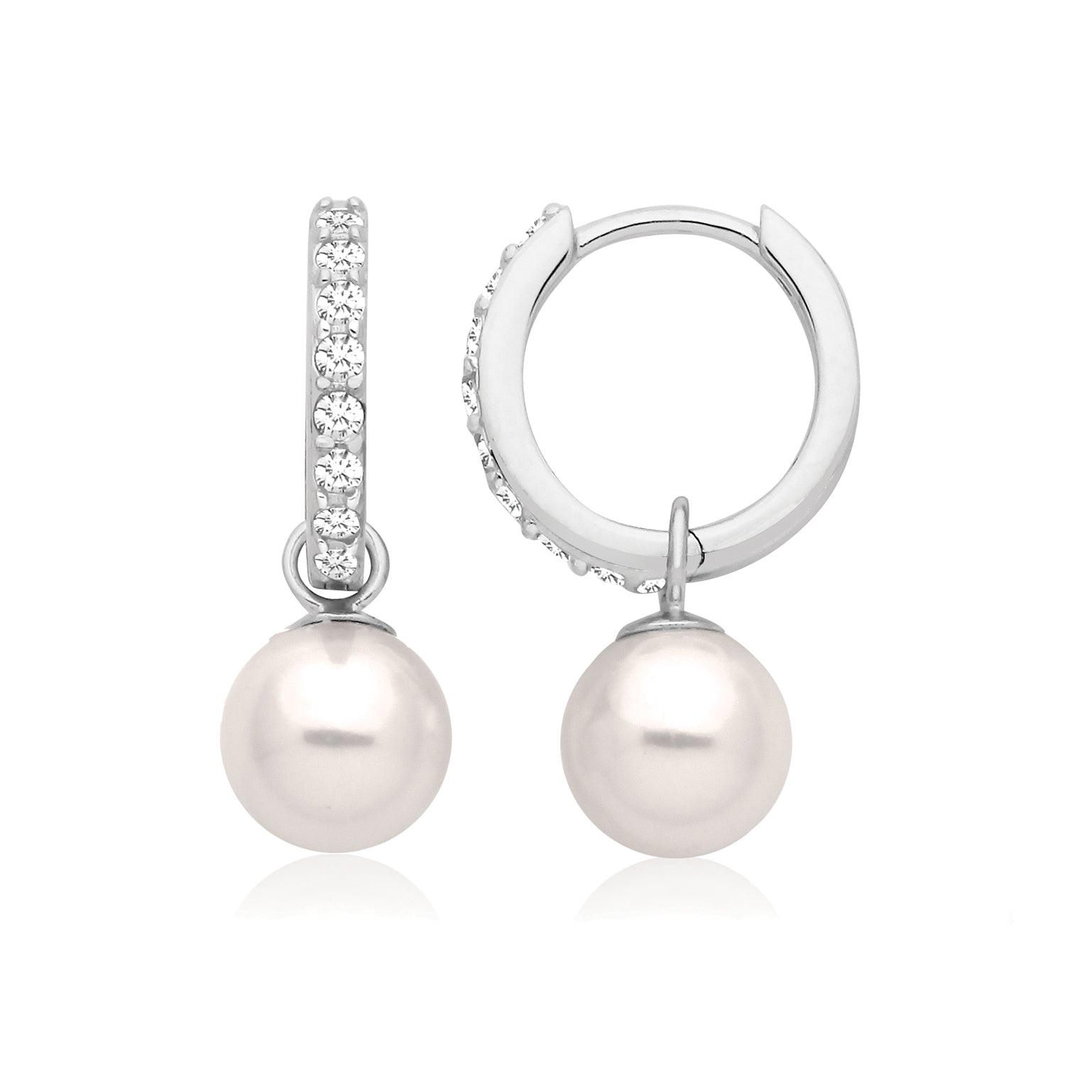 Pearl Drop Cubic Zirconia Huggie Hoop Earrings - Rhodium Plated Silver