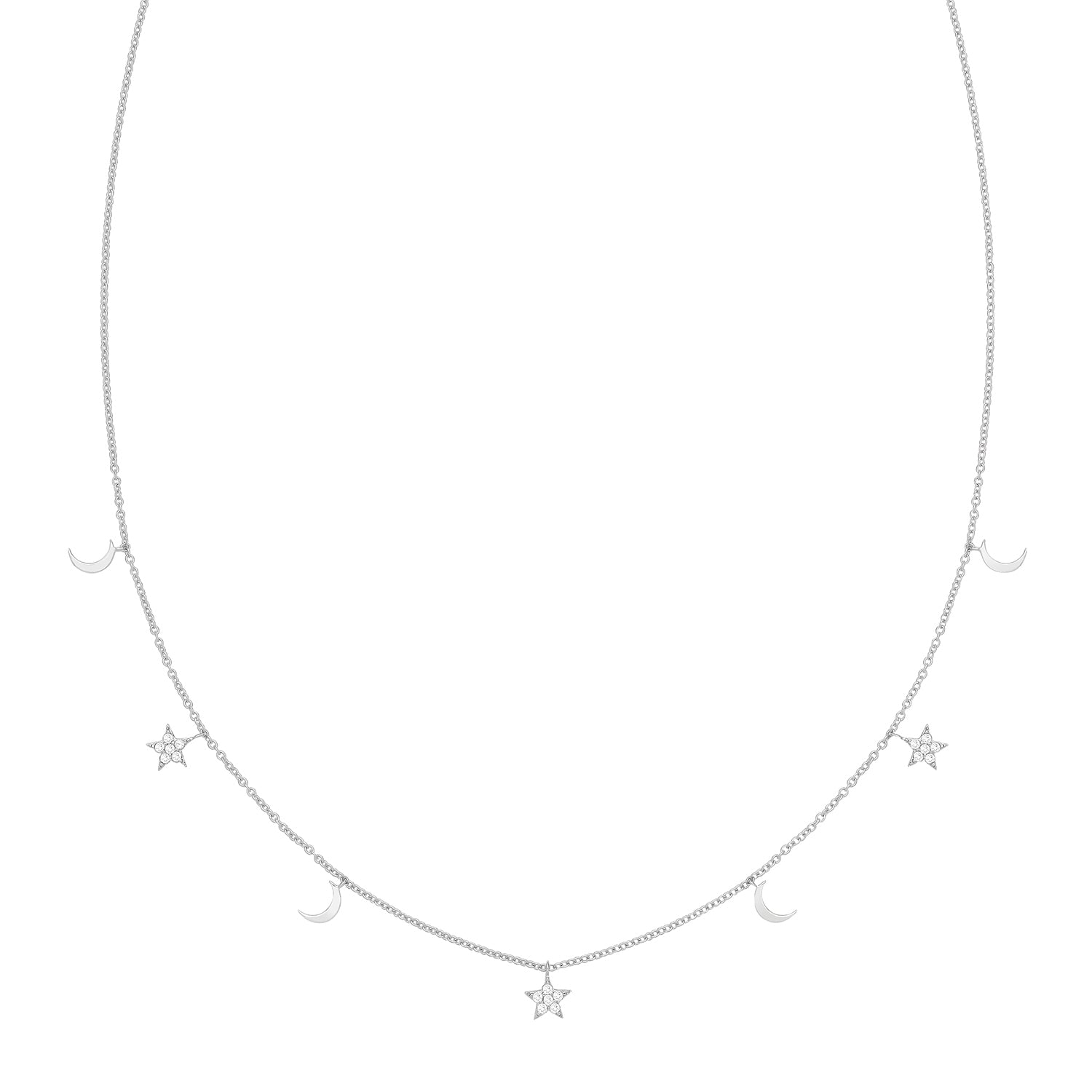 Moon & Star Cubic Zirconia Necklace - Rhodium Plated Silver